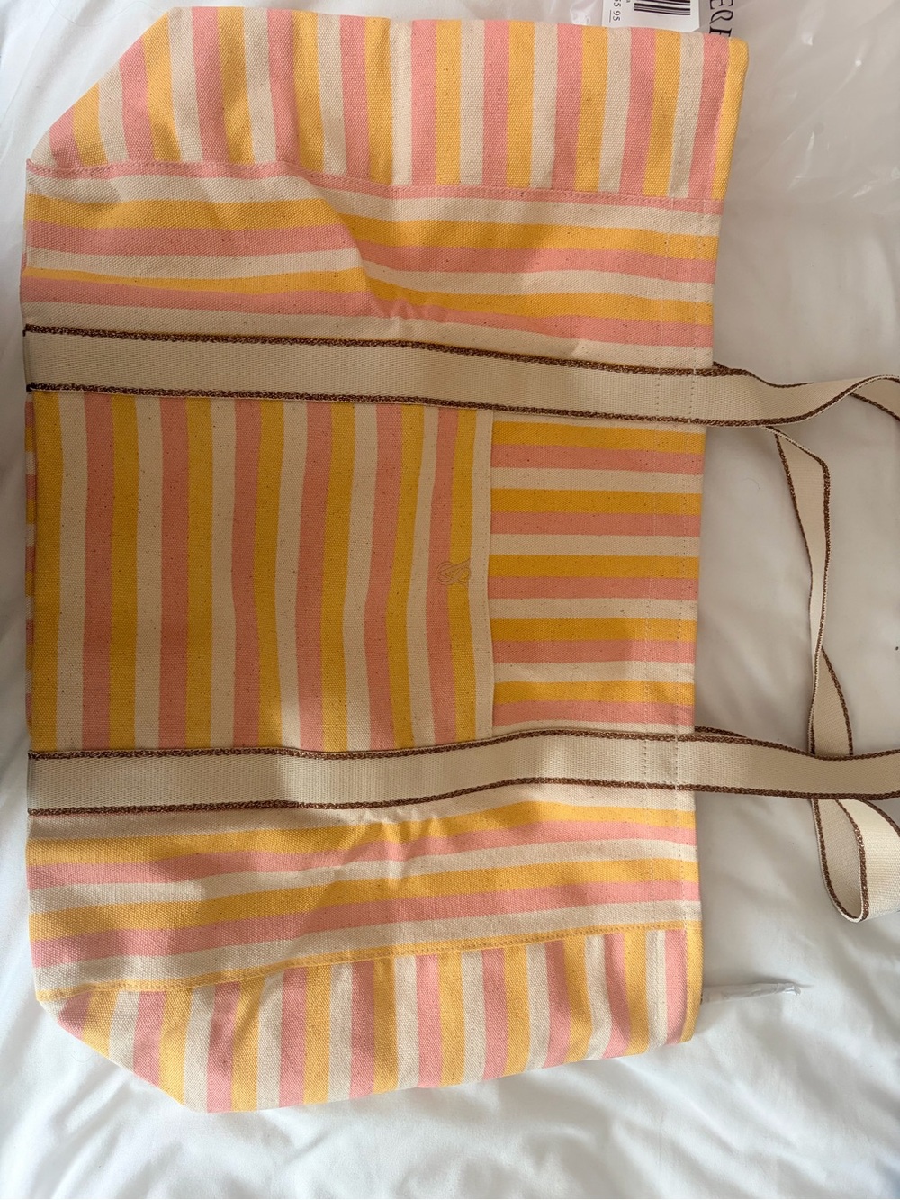 Victorias Secret Striped Pink & Yellow Canvas Tote Bag